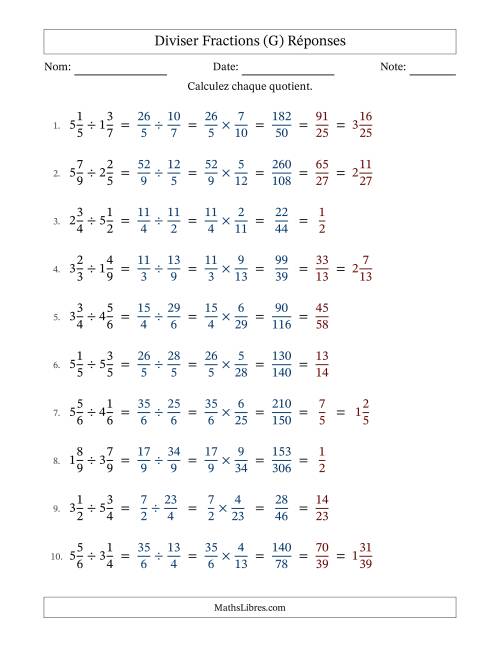 Diviser deux fractions mixtes, et avec simplification dans tous les problèmes (Remplissable) (G) page 2
