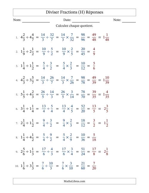 Diviser deux fractions mixtes, et avec simplification dans tous les problèmes (Remplissable) (H) page 2