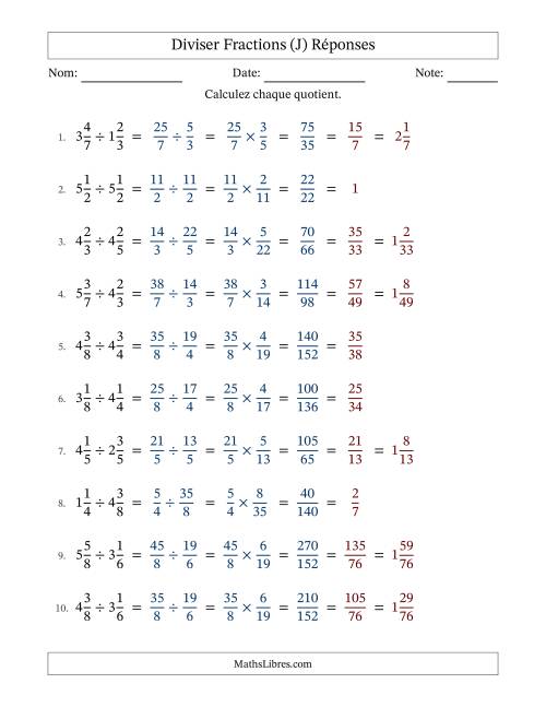 Diviser deux fractions mixtes, et avec simplification dans tous les problèmes (Remplissable) (J) page 2