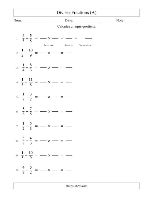 Diviser fractions propres e impropres, et sans simplification (Remplissable) (A)