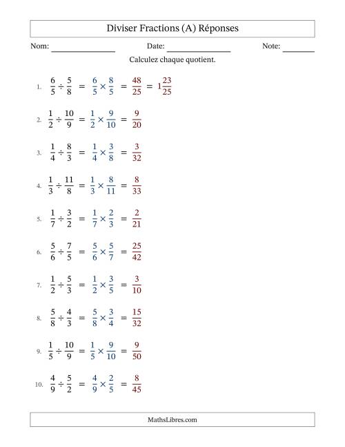 Diviser fractions propres e impropres, et sans simplification (Remplissable) (A) page 2