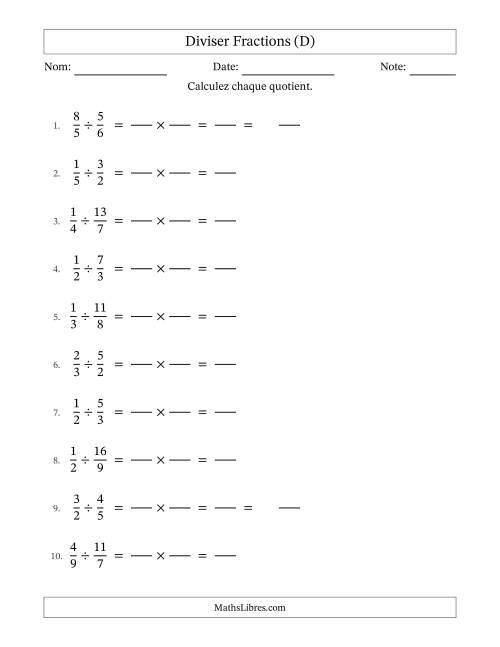 Diviser fractions propres e impropres, et sans simplification (Remplissable) (D)