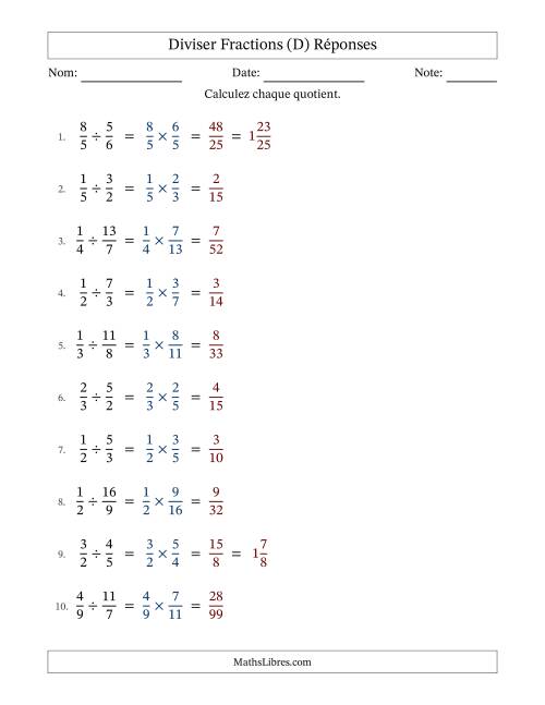 Diviser fractions propres e impropres, et sans simplification (Remplissable) (D) page 2