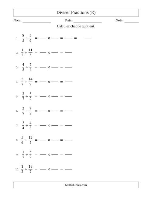 Diviser fractions propres e impropres, et sans simplification (Remplissable) (E)