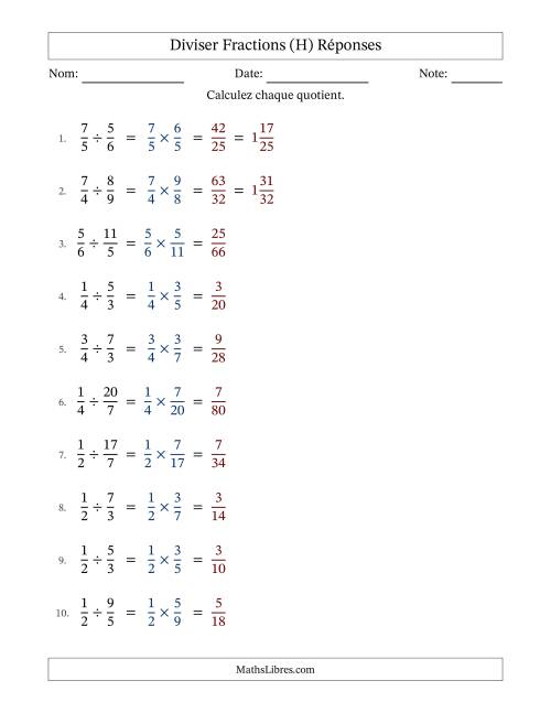 Diviser fractions propres e impropres, et sans simplification (Remplissable) (H) page 2
