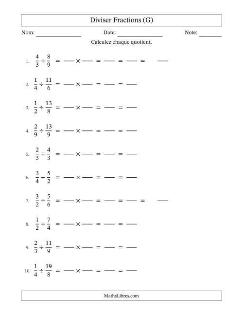 Diviser fractions propres e impropres, et avec simplification dans tous les problèmes (Remplissable) (G)