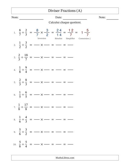 Diviser fractions propres e impropres, et avec simplification dans tous les problèmes (Remplissable) (Tout)