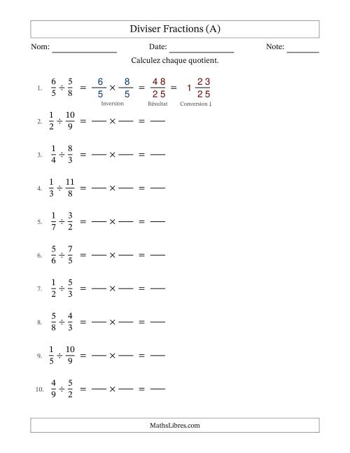 Diviser fractions propres e impropres, et sans simplification (Remplissable) (Tout)