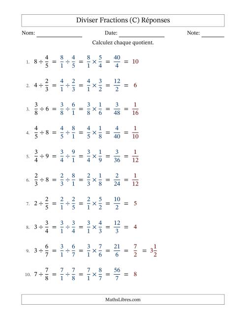 Diviser fractions propres con nombres éntiers, et avec simplification dans tous les problèmes (Remplissable) (C) page 2