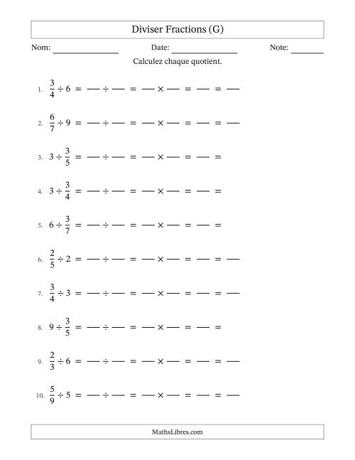 Diviser fractions propres con nombres éntiers, et avec simplification dans tous les problèmes (Remplissable) (G)