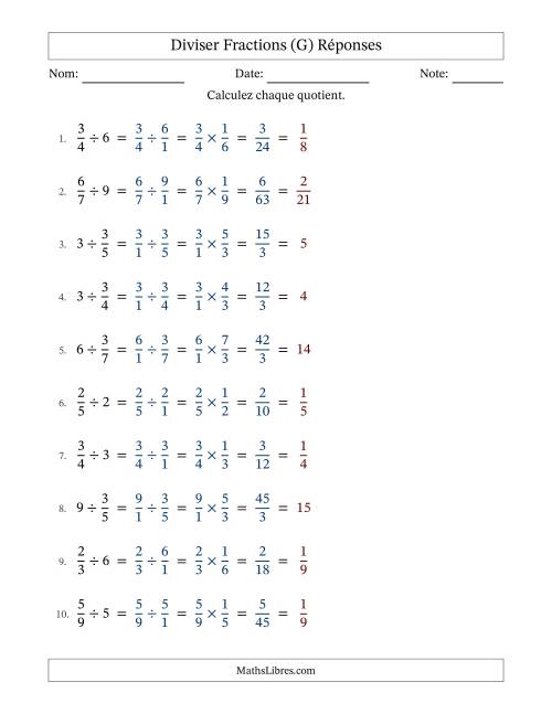 Diviser fractions propres con nombres éntiers, et avec simplification dans tous les problèmes (Remplissable) (G) page 2
