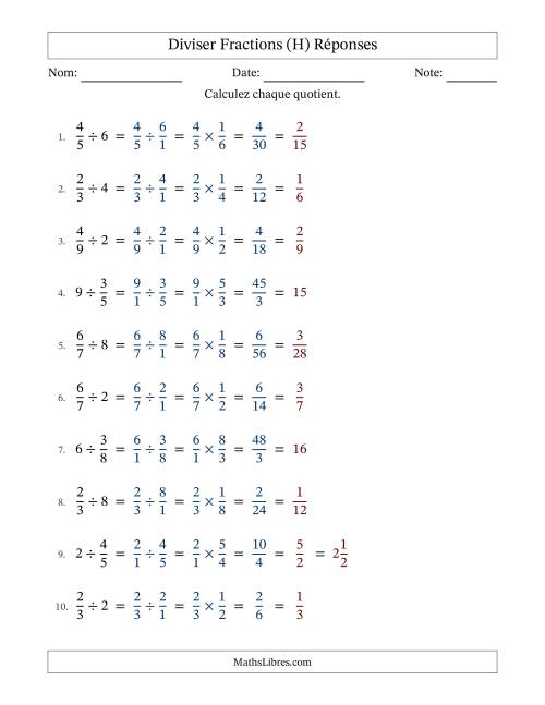 Diviser fractions propres con nombres éntiers, et avec simplification dans tous les problèmes (Remplissable) (H) page 2