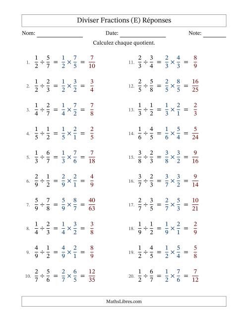 Diviser deux fractions propres, et sans simplification (Remplissable) (E) page 2