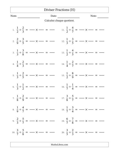 Diviser deux fractions propres, et sans simplification (Remplissable) (H)