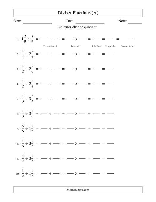 Diviser fractions propres et mixtes, et avec simplification dans tous les problèmes (Remplissable) (A)
