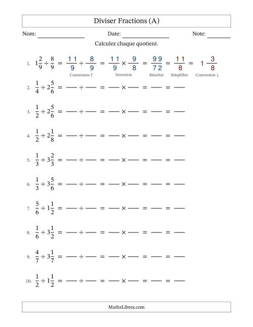 Diviser fractions propres et mixtes, et avec simplification dans tous les problèmes (Remplissable) (Tout)