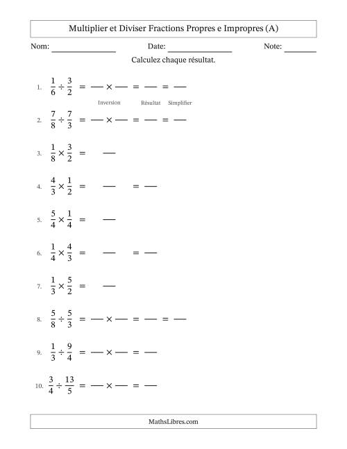 Multiplier et diviser fractions propres e impropres, et avec simplification dans quelques problèmes (Remplissable) (A)