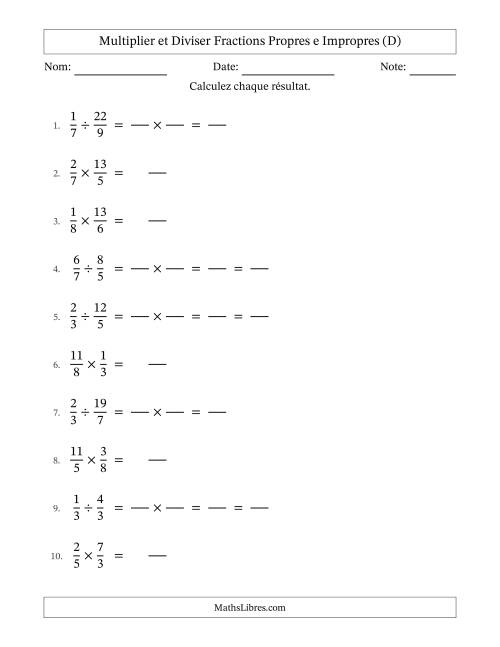 Multiplier et diviser fractions propres e impropres, et avec simplification dans quelques problèmes (Remplissable) (D)