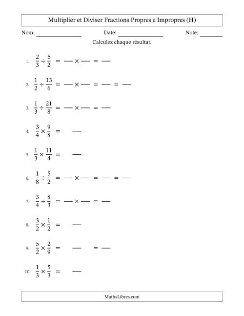 Multiplier et diviser fractions propres e impropres, et avec simplification dans quelques problèmes (Remplissable) (H)