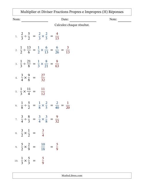 Multiplier et diviser fractions propres e impropres, et avec simplification dans quelques problèmes (Remplissable) (H) page 2