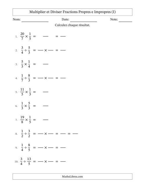 Multiplier et diviser fractions propres e impropres, et avec simplification dans quelques problèmes (Remplissable) (I)