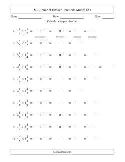 Multiplier et diviser deux fractions mixtes, et avec simplification dans quelques problèmes (Remplissable)