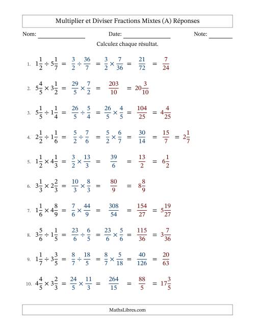 Multiplier et diviser deux fractions mixtes, et avec simplification dans quelques problèmes (Remplissable) (A) page 2