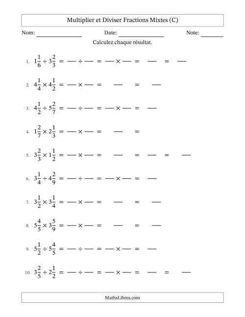 Multiplier et diviser deux fractions mixtes, et avec simplification dans quelques problèmes (Remplissable) (C)