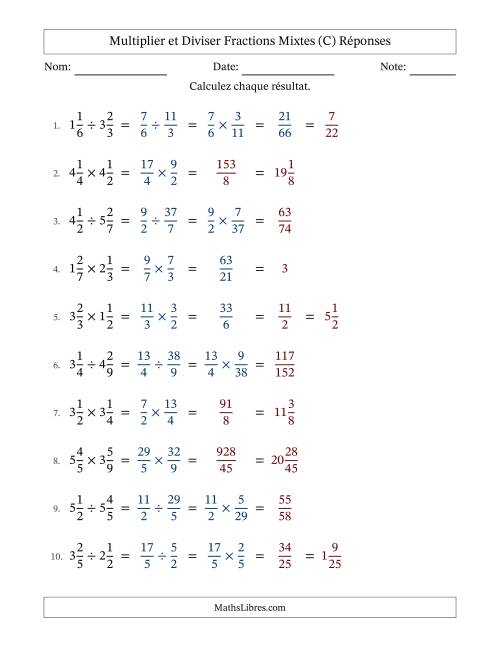 Multiplier et diviser deux fractions mixtes, et avec simplification dans quelques problèmes (Remplissable) (C) page 2