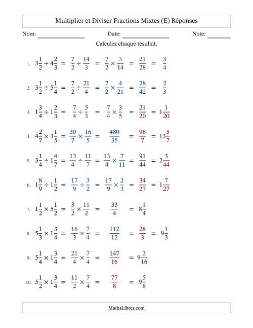 Multiplier et diviser deux fractions mixtes, et avec simplification dans quelques problèmes (Remplissable) (E) page 2