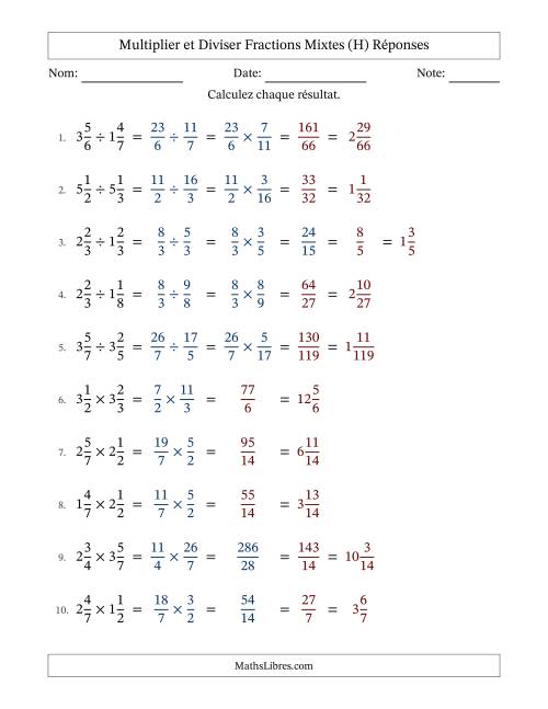 Multiplier et diviser deux fractions mixtes, et avec simplification dans quelques problèmes (Remplissable) (H) page 2
