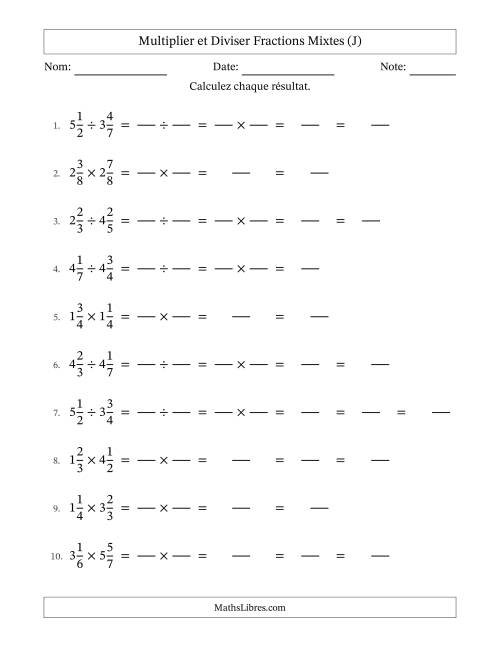 Multiplier et diviser deux fractions mixtes, et avec simplification dans quelques problèmes (Remplissable) (J)