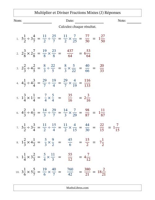 Multiplier et diviser deux fractions mixtes, et avec simplification dans quelques problèmes (Remplissable) (J) page 2