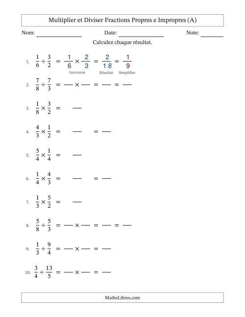 Multiplier et diviser fractions propres e impropres, et avec simplification dans quelques problèmes (Remplissable) (Tout)