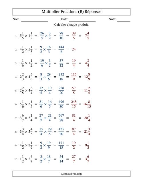 Multiplier deux fractions mixtes, et avec simplification dans tous les problèmes (Remplissable) (B) page 2