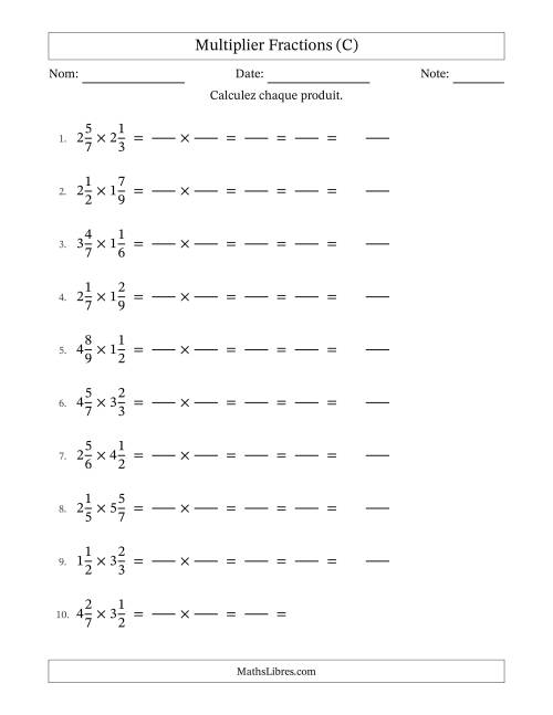 Multiplier deux fractions mixtes, et avec simplification dans tous les problèmes (Remplissable) (C)