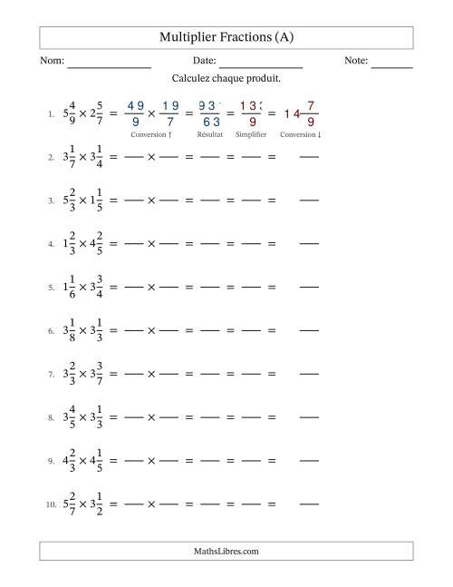 Multiplier deux fractions mixtes, et avec simplification dans tous les problèmes (Remplissable) (Tout)