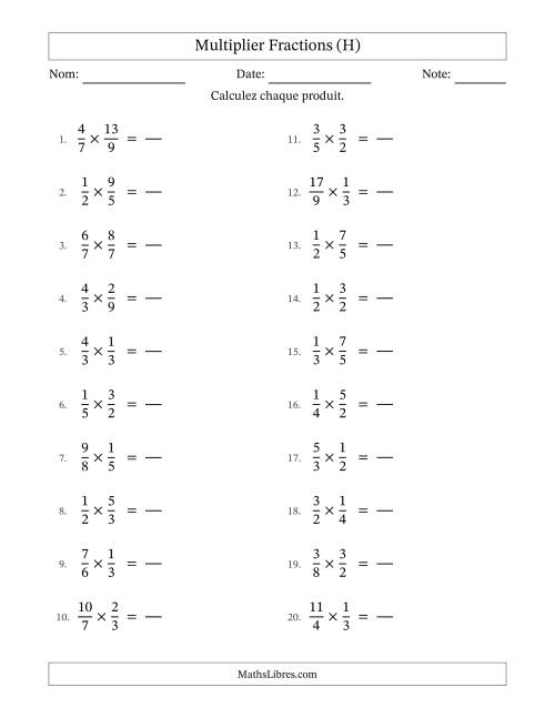 Multiplier fractions propres e impropres, et sans simplification (Remplissable) (H)