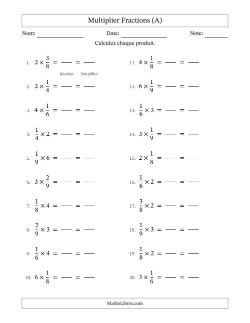 Multiplier fractions propres con nombres éntiers, et avec simplification dans tous les problèmes (Remplissable) (A)