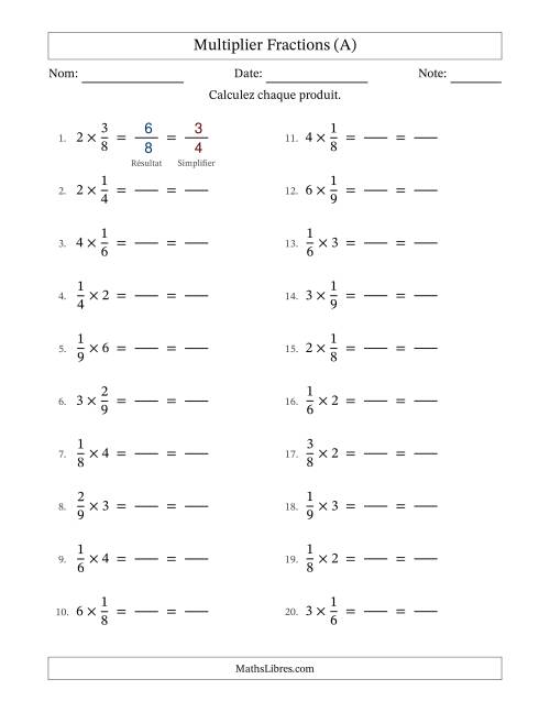 Multiplier fractions propres con nombres éntiers, et avec simplification dans tous les problèmes (Remplissable) (Tout)