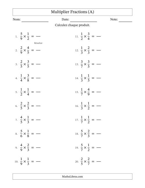 Multiplier deux fractions propres, et sans simplification (Remplissable) (A)