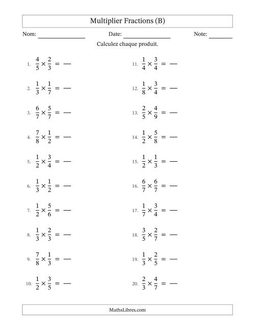 Multiplier deux fractions propres, et sans simplification (Remplissable) (B)