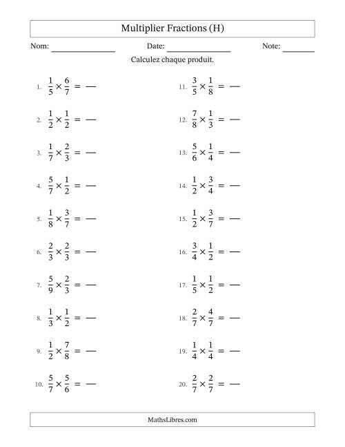 Multiplier deux fractions propres, et sans simplification (Remplissable) (H)