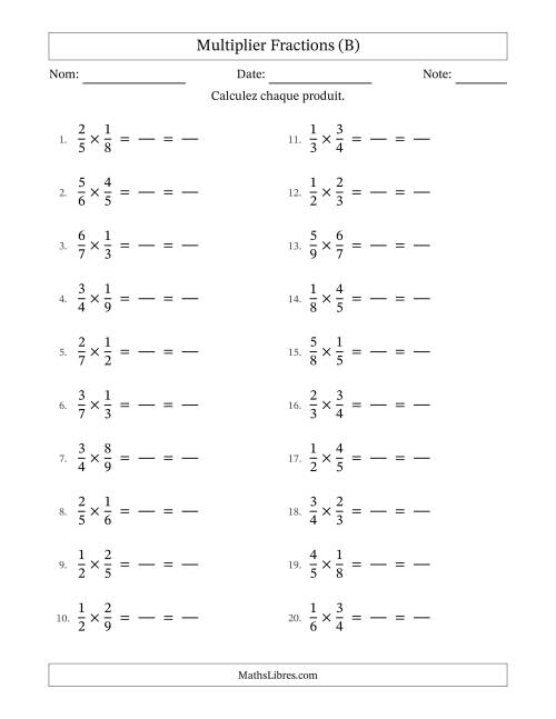 Multiplier deux fractions propres, et avec simplification dans tous les problèmes (Remplissable) (B)