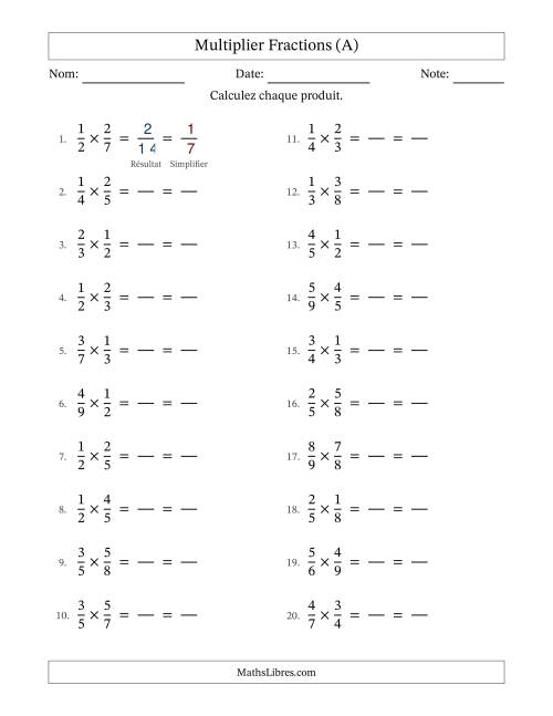 Multiplier deux fractions propres, et avec simplification dans tous les problèmes (Remplissable) (Tout)
