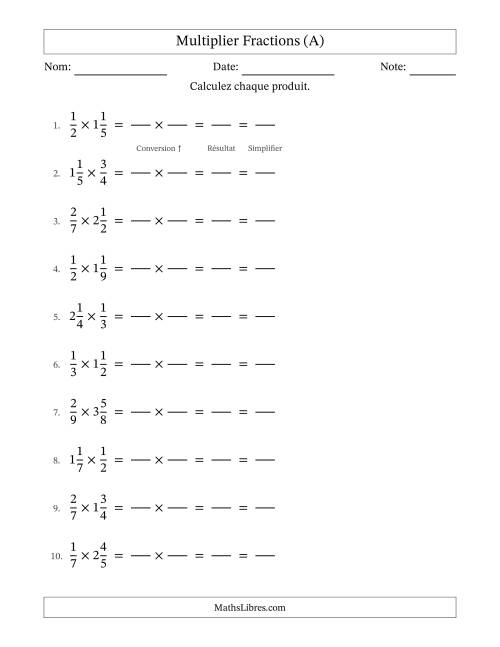 Multiplier Proper et fractions mixtes, et avec simplification dans tous les problèmes (Remplissable) (A)