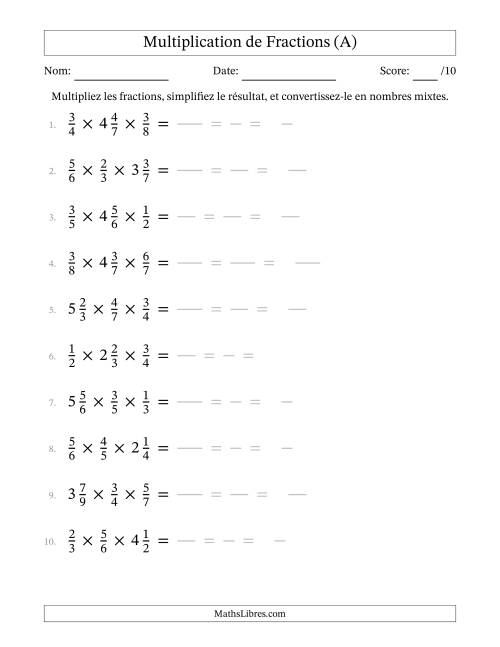 Multiplier fractions propres par quelques fractions mixtes (trois facteurs) (A)