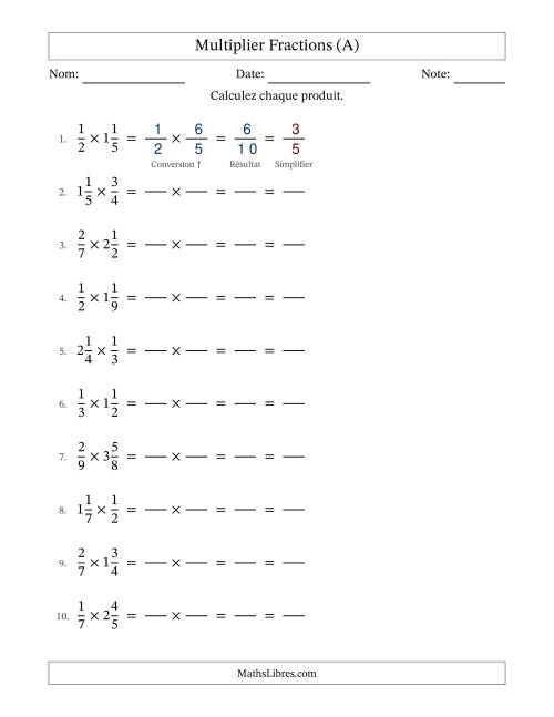 Multiplier Proper et fractions mixtes, et avec simplification dans tous les problèmes (Remplissable) (Tout)