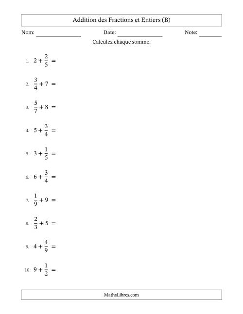 Addition et soustraction des fractions propres et nombres entiers, avec des résultats de fractions mixtes et sans simplification (B)
