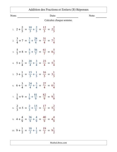 Addition et soustraction des fractions propres et nombres entiers, avec des résultats de fractions mixtes et sans simplification (B) page 2